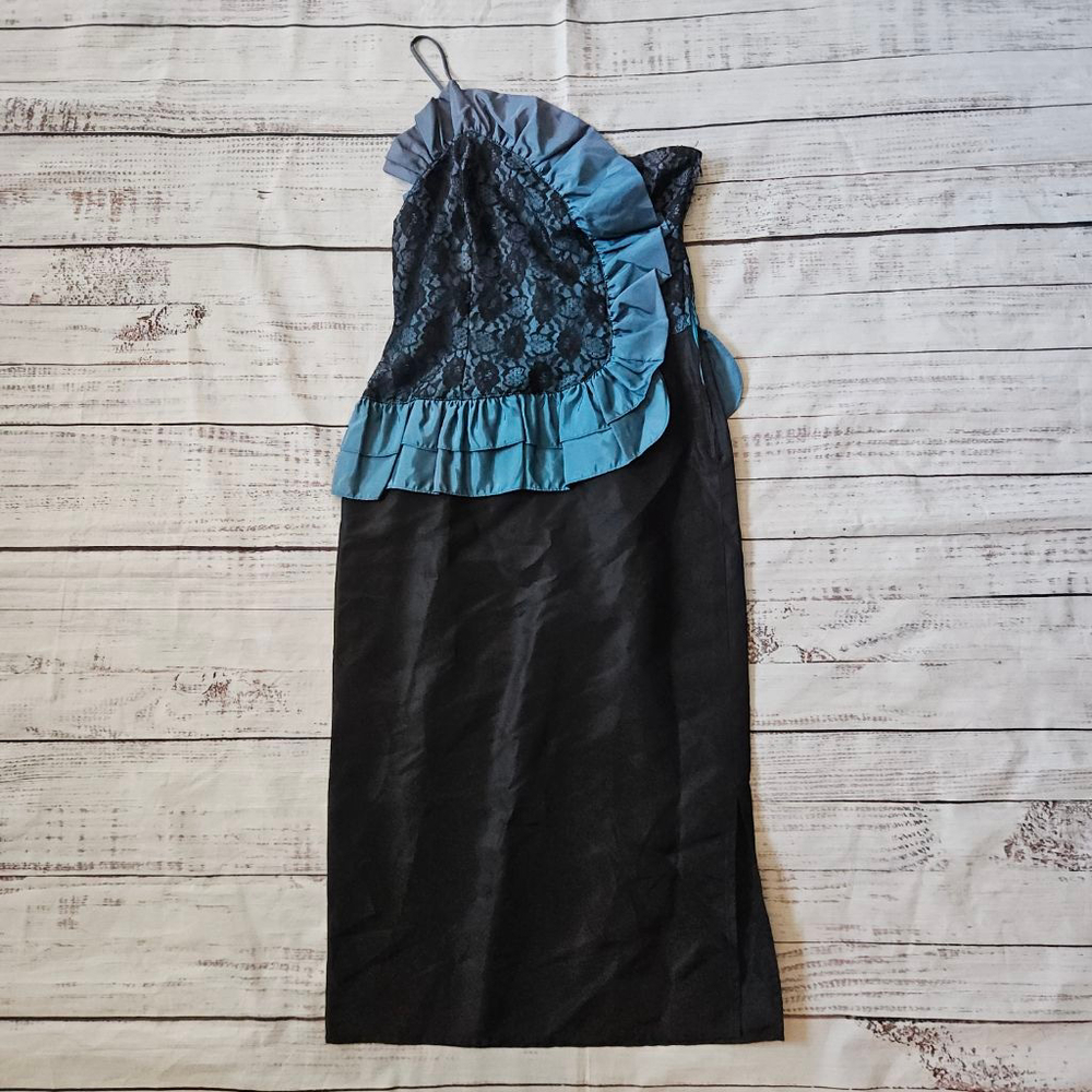 Vintage Gunne Sax By Jessica McClintock Black Midi Dress Blue Ruffle Lace Womens